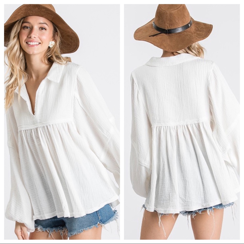 ShopEvelynne White Gauze Peasant Tunic Top